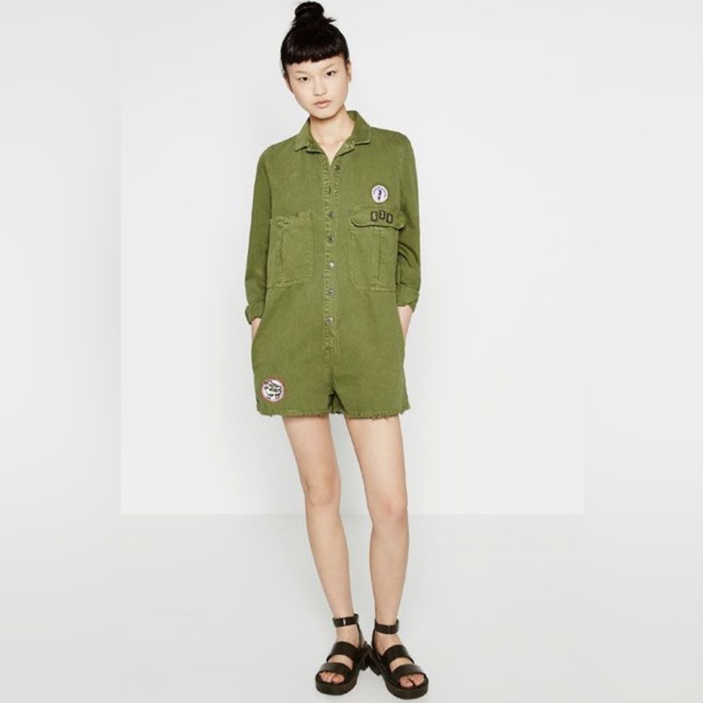 Zara Trafaluc Collection Short Overall Olive Green with Patches